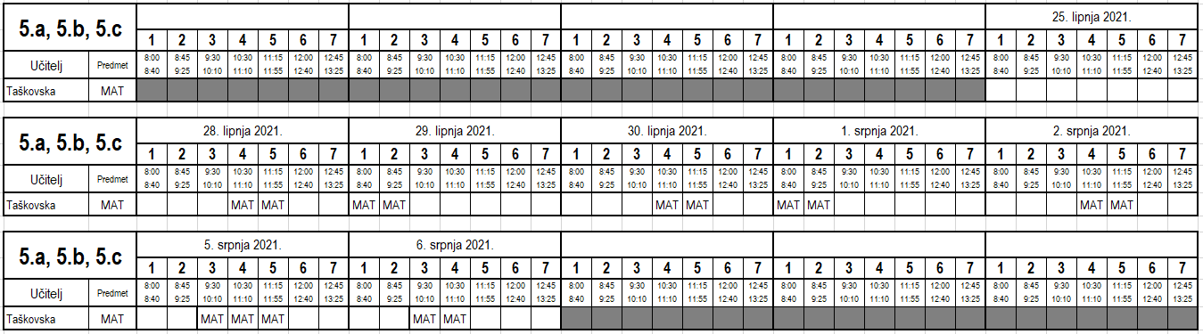 raspored za 5. razred